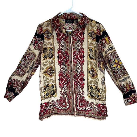 DANA BUCHMAN Paisley 100% Silk Button-up Top Red Gold Festive VTG Sz 6 Petite - Picture 6 of 10
